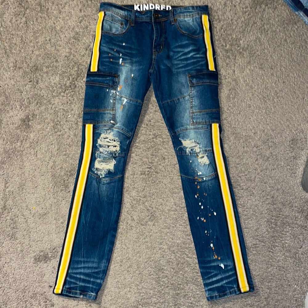 Size 32 dark blue jeans with yellow and white stripes brand new never worn